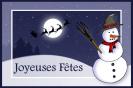 Miniature : Carte postale Joyeuses ftes : Bonhomme de neige et traineau du pre nol passant devant la lune.