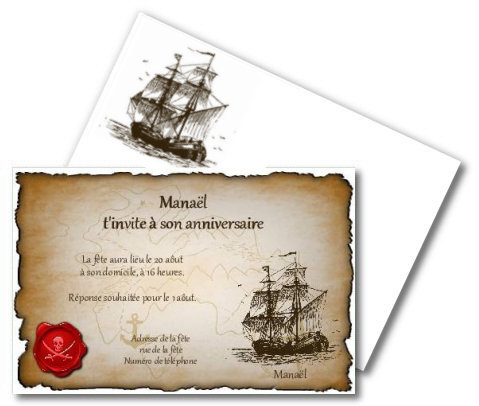 Faire-part de Invitation. Un carton d'invitation pour une fte d'enfant sur le thme des pirates.