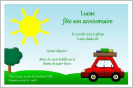 Miniature. Faire-Part : Un carton d'invitation  une fte pour enfant reprsentant une petite voiture rouge partant en vacances.