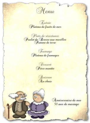 Menu d'anniversaire de mariage multicolor, compos d'un joli petit couple de personnes ages dessin.