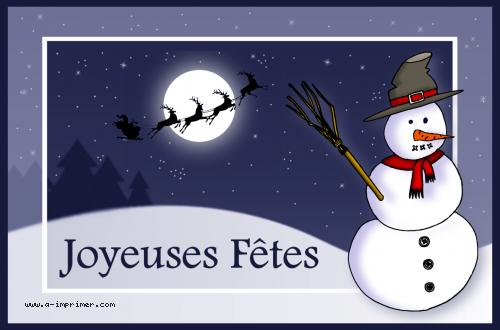 Carte postale Joyeuses ftes : Bonhomme de neige et traineau du pre nol passant devant la lune.