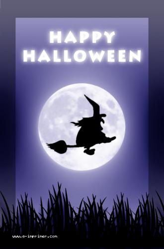 Une carte postale pour Halloween. Une sorcire sur un balai passe devant la lune.