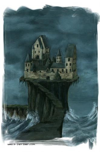 Carte postale d'une peinture sombre d'un village sur une falaise sur une mer agite.