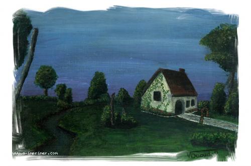 Carte postale d'une peinture d'une petite maison.