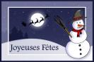 Miniature : Carte postale Joyeuses ftes : Bonhomme de neige et traineau du pre nol passant devant la lune. 