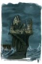Miniature : Carte postale d'une peinture sombre d'un village sur une falaise sur une mer agitée.