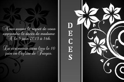 Faire-part de Deces. Faire part de dcs noir et blanc orn de fleurs blanches.