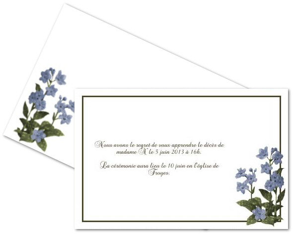 Faire-part de Deces. Faire part de dcs blanc orn d'un bouquet bleu.