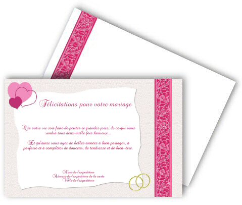 Faire-part de Felicitations/Mariage. Carte de flicitations de mariage orne de coeurs roses.