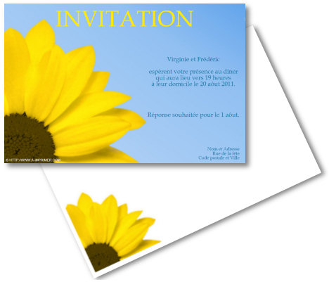 Faire-part de Invitation. Faire part d'invitation orn d'un tournesol devant un ciel bleu.