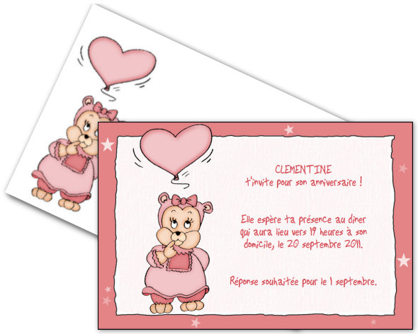 Faire-part de Invitation. Carton d'invitation. Une oursonne rose tient un ballon en forme de coeur.