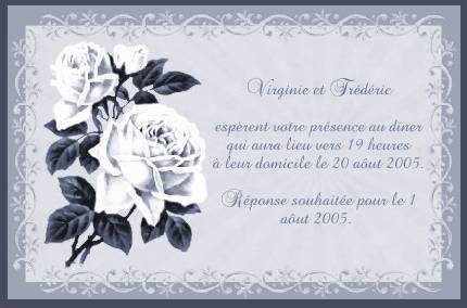 Faire-part de Invitation. Faire part d'invitation bleu (couleurs modifiables) orn d'un bouquet de roses blanches