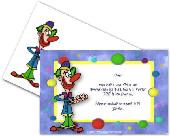 Faire-part de Invitation. Carton d'invitation pour une fte pour enfants. Un joli clown sur un fond color.