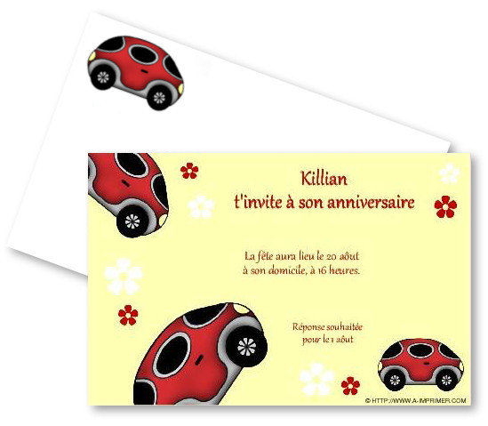 Faire-part de Invitation. Une carte pour invitation avec une petite voiture rouge