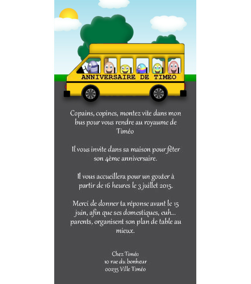 Faire-part de Invitation. Faire part d'invitation pour une fte d'enfant. Un bus jaune roule pour se rendre  une fte d'enfant