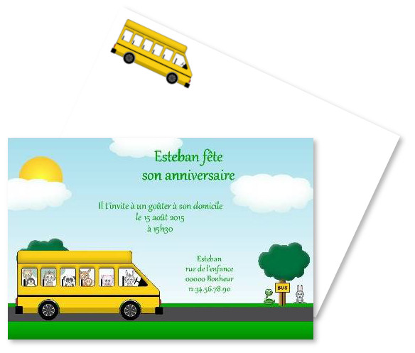 Faire-part de Invitation. Faire part d'invitation pour une fte d'enfant. Un bus pour animaux fait son ramassage.