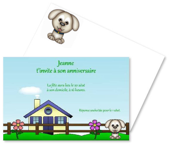 Faire-part de Invitation. Faire part d'invitation pour une fte d'enfant. Un chien garde une petite maison  la campagne