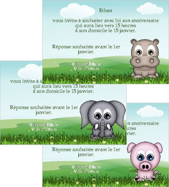 Faire-part de Invitation. Un faire part d'invitation pour une fte pour enfant. Un joli petit animal orne la carte.