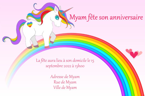 Faire-part de Invitation. Carte Licorne pour une invitation  une fte d'enfant