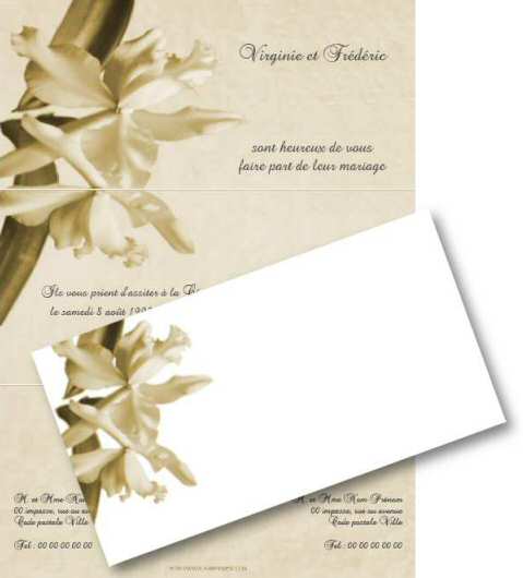 Faire-part de Mariage. Faire part de mariage orn d'une orchide blanche. Couleurs modifiables.