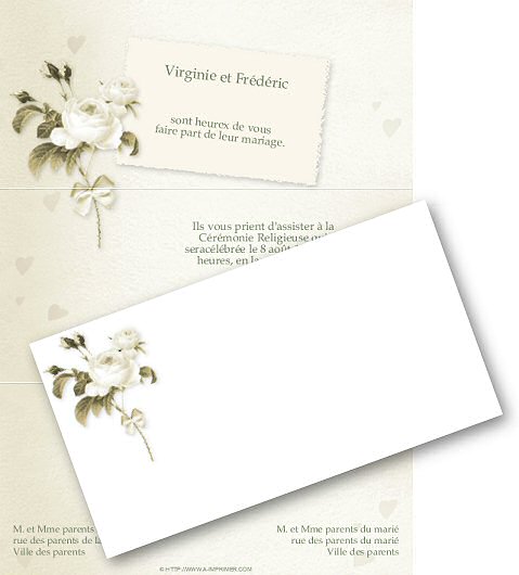 Faire-part de Mariage. Faire part de mariage orn d'une rose blanche et d'une petite carte.