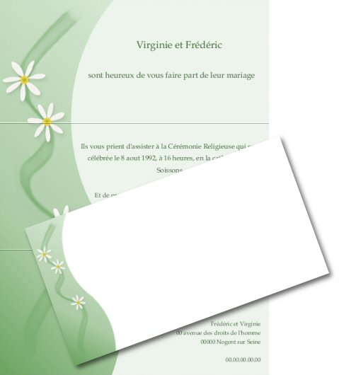 Faire-part de Mariage. Faire part de mariage vert (Couleurs modifiables) orn d'un ruban de paquerettes.