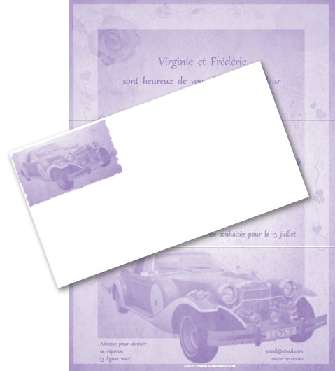 Faire-part de Mariage. Faire part de mariage. Voiture ancienne. Couleurs modifiables.