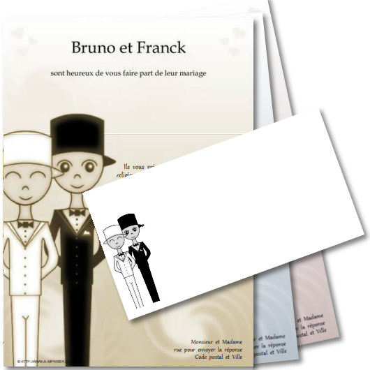 Faire-part de Mariage. Faire part de mariage pour un couple d'hommes compos de 2 maris. Couleurs modifiables.