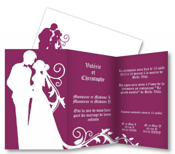 Faire-part de Mariage. Faire-part de mariage romantique compos d'un couple de maris qui s'embrassent. Couleurs modifiables.