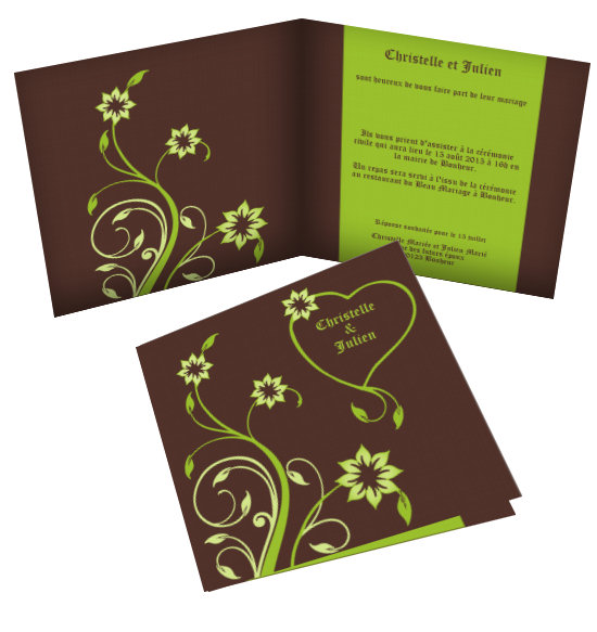 Faire-part de Mariage. Faire part de mariage carr, couleurs chocolat et vert anis, imprimable recto verso avec possibilit d'ajouter une photo.