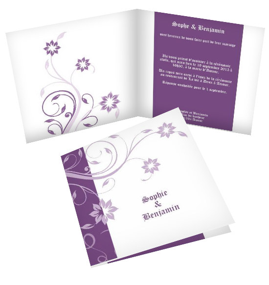 Faire-part de Mariage. Faire part chic de mariage carr, couleurs violettes (autres couleurs disponibles) imprimable recto verso avec possibilit d'ajouter une photo.