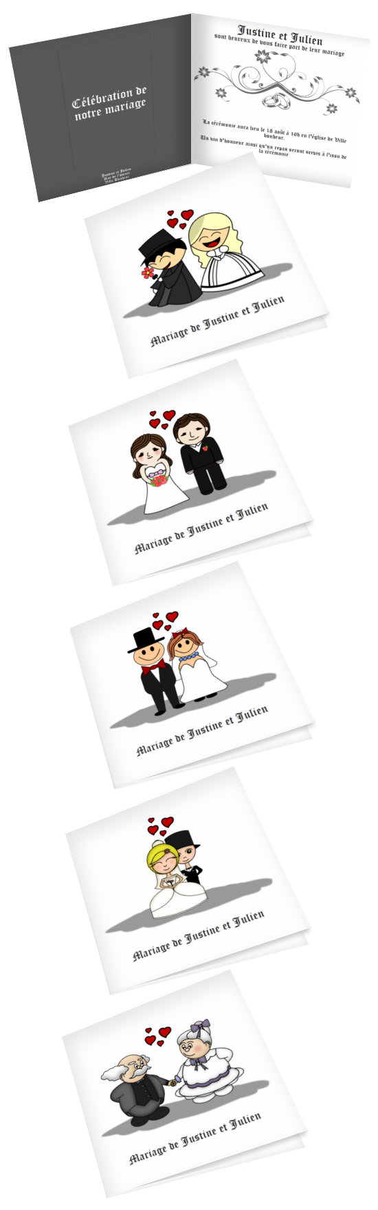 Faire-part de Mariage. Faire-part de mariage carr orn de personnages sur la couverture