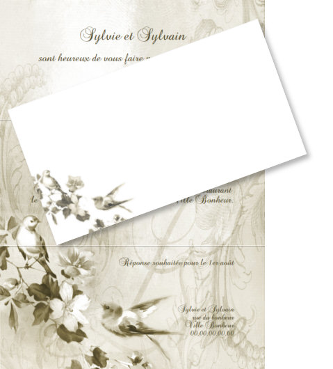 Faire-part de Mariage. Faire part de mariage romantique composé de jolis petits oiseaux. Couleurs modifiables.