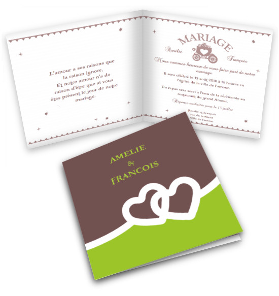 Faire-part de Mariage. Faire part de mariage carré, orné de coeurs croisés. Marron et vert.