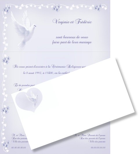 Faire-part de Mariage. Faire part de mariage bleu clair, orn d'une colombe et de coeurs.