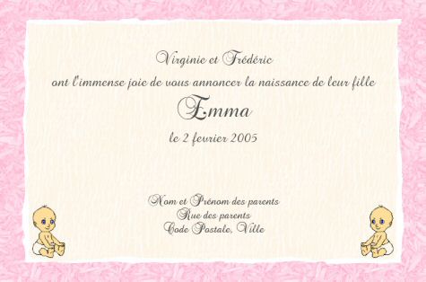 Faire-part de Naissance. Faire part de naissance sobre, rose, compos de 2 petit bbs en dessin.