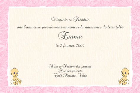 Faire-part de Naissance. Faire part de naissance sobre, rose, compos de 2 petit bbs en dessin.