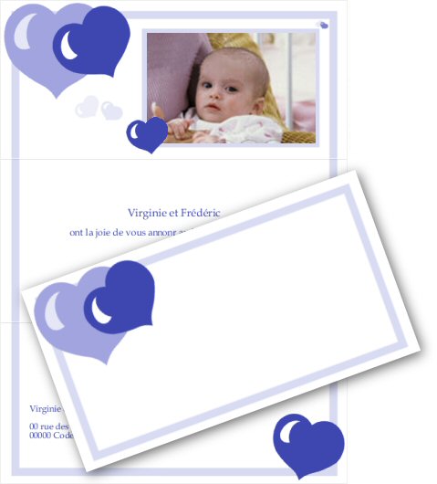 Faire-part de Naissance. Faire part de naissance, avec photo, orn de coeurs bleus.