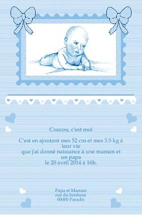 Faire-part de Naissance. Faire part de naissance bleu, avec photo, pour garon. Bb dans son lit.
