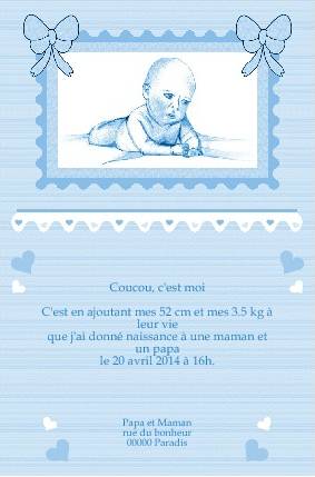 Faire-part de Naissance. Faire part de naissance bleu, avec photo, pour garon. Bb dans son lit.