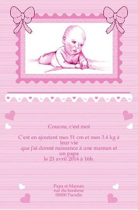 Faire-part de Naissance. Faire part de naissance rose, avec photo, pour fille. Bb dans son lit.