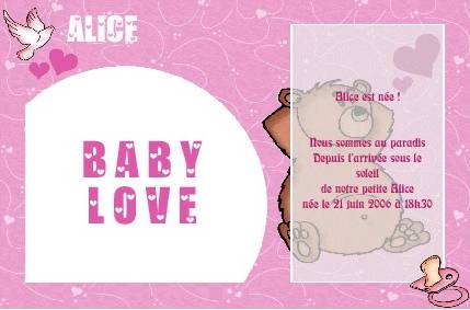 Faire-part de Naissance. Faire part de naissance avec photo, rose, pour fille. Petit ourson.