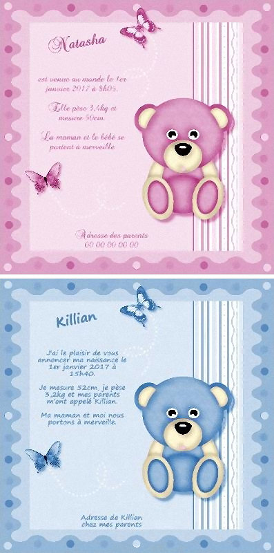 Faire-part de Naissance. Faire part de naissance de couleurs diffrents orn d'un nounours et de deux papillons.