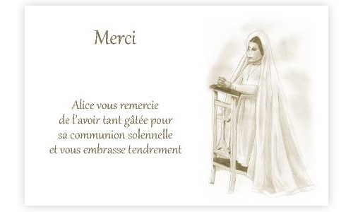 Faire-part de Remerciements/Communion. Carte de remerciement de communion orne d'une communiante  genoux qui prie.