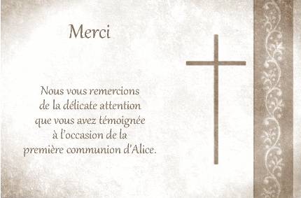 Faire-part de Remerciements/Communion. Carte de remerciement de communion orne d'une croix.