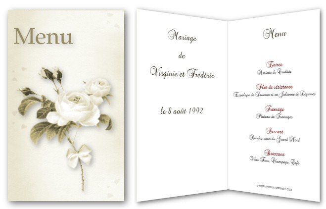 Menu orn d'un bouquet de roses blanches.