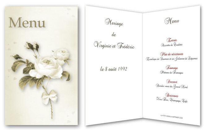 Menu orn d'un bouquet de roses blanches.