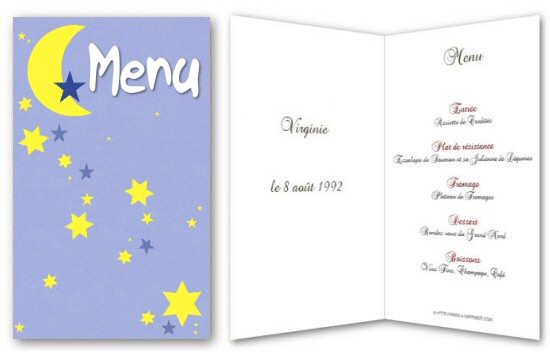 Menu pour enfant orn d'une lune et d'toiles.