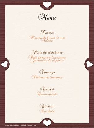 Menu de fête gratuit à imprimer. Petits coeurs - A 