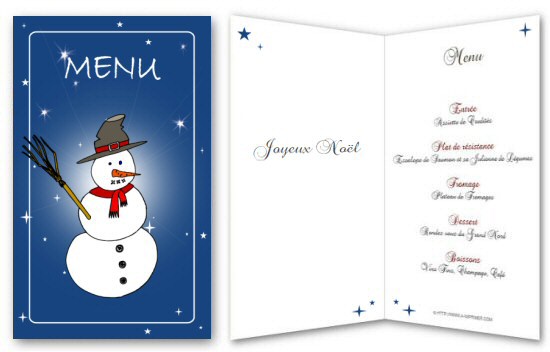 Menu bleu nuit orn d'un bonhomme de neige.